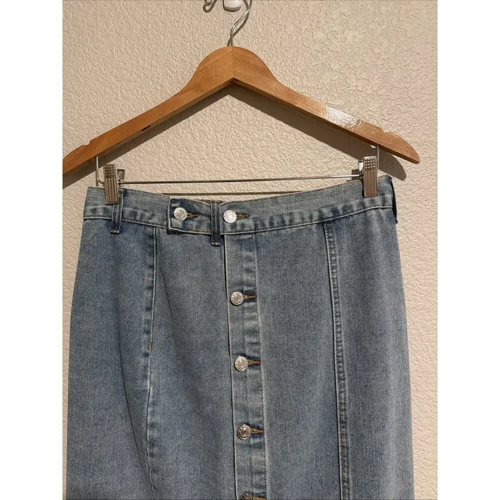 Boutique Denim Blue Jean Maxi Skirt Y2K 90s Grunge Western Country Button Up L